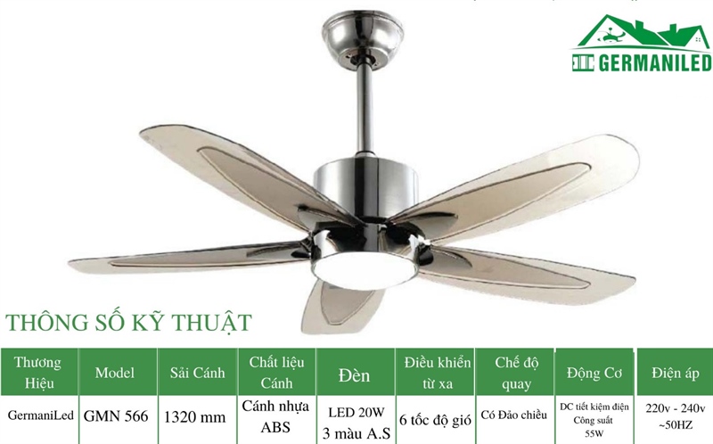 Quạt trần đèn Hiện đại – 5 Cánh – Cánh ABS – DC Inverter – Mã G566