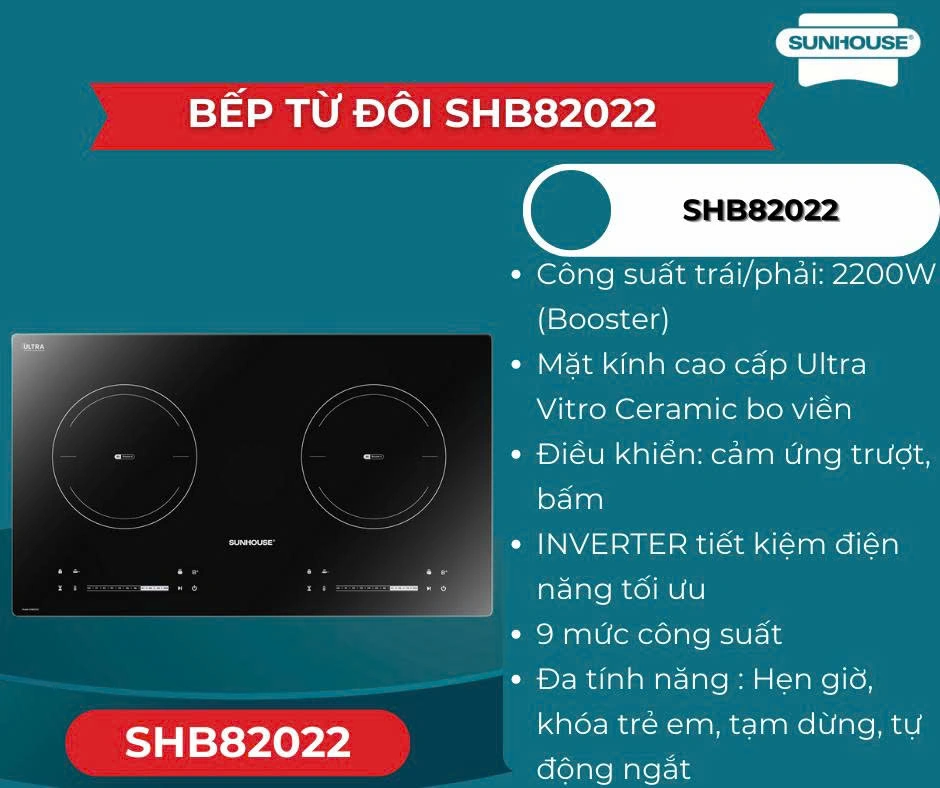 Bếp đôi điện từ Sunhouse SHB82022 2200W
