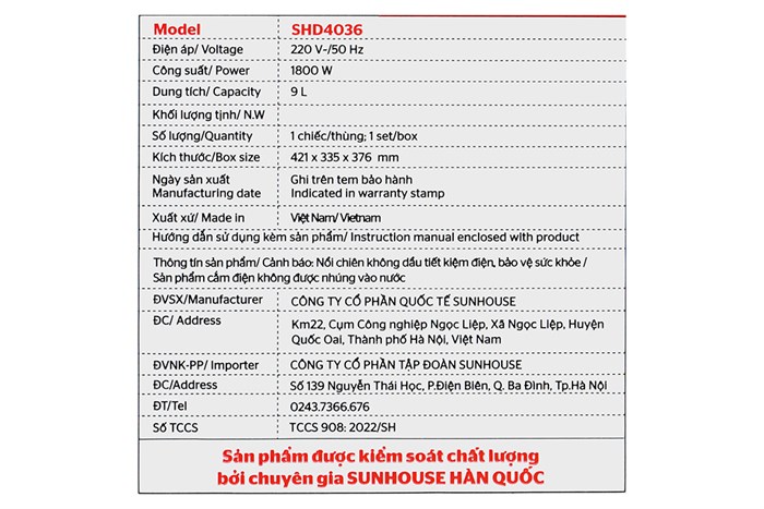 Nồi chiên không dầu Sunhouse SHD4036 9 lít