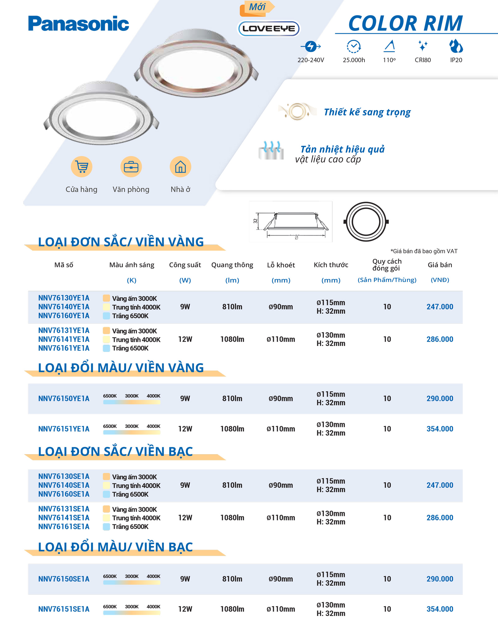 LED Downlight Panasonic  9W, Color Rim - Silver - 4000k - Trung tính