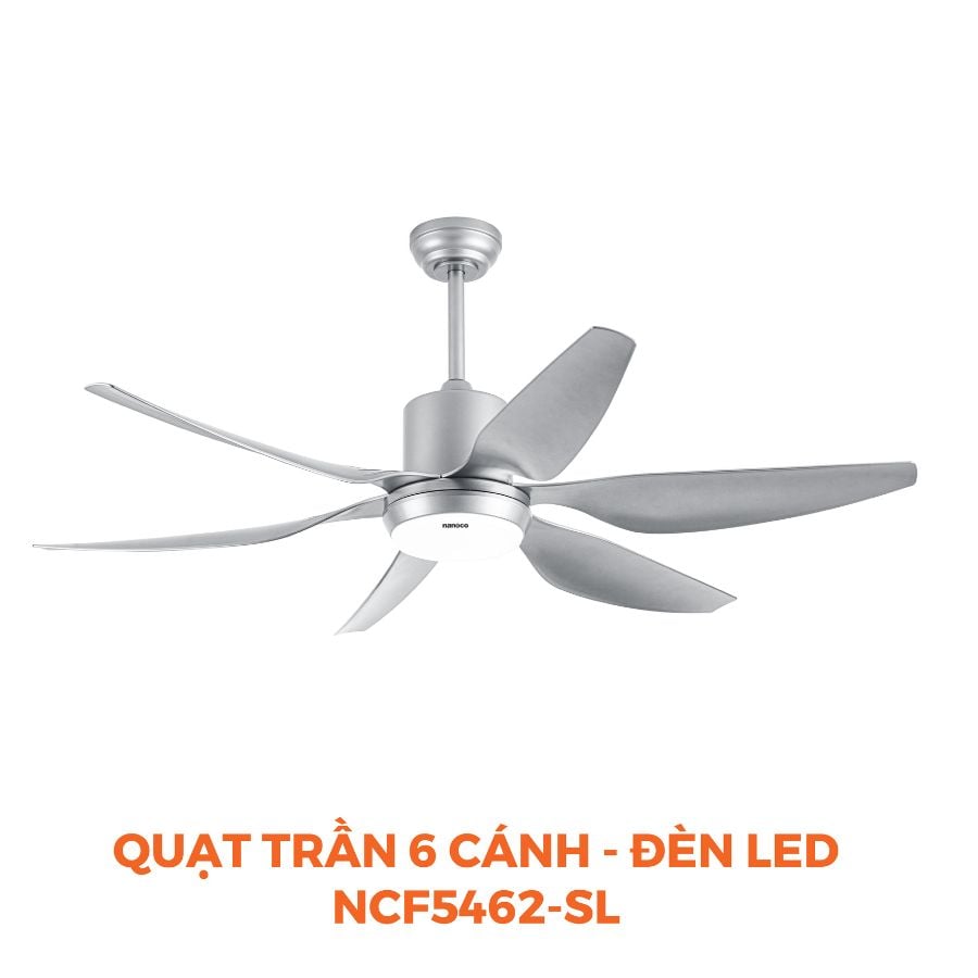 Quạt trần Nanoco NCF5462-SL 6 cánh, có đèn, màu bạc
