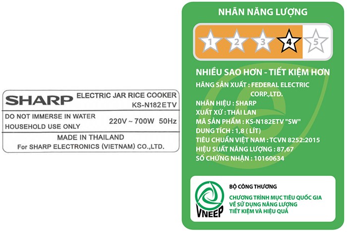 Nồi cơm nắp gài Sharp 1.8 lít KS-N182ETV/N181ETV