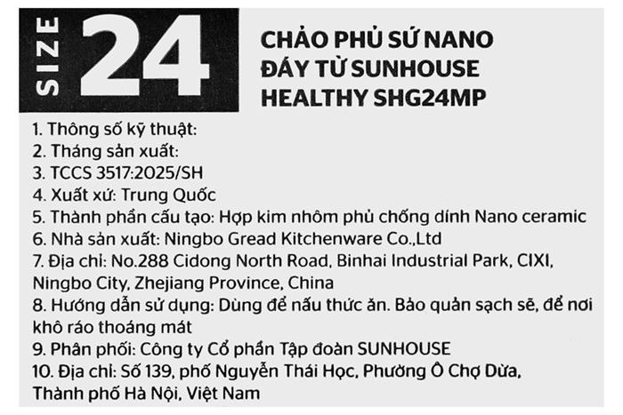 Chảo nhôm chống dính đáy từ 24 cm Sunhouse Healthy SHG24MP
