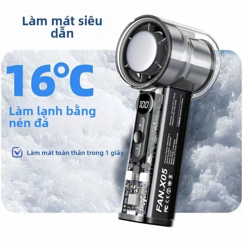 Quạt Cầm Tay Sò Lạnh X05 Làm Mát Đến 16 Độ 100 Tốc Độ Gió Giảm Ồn Dây sạc Type C
