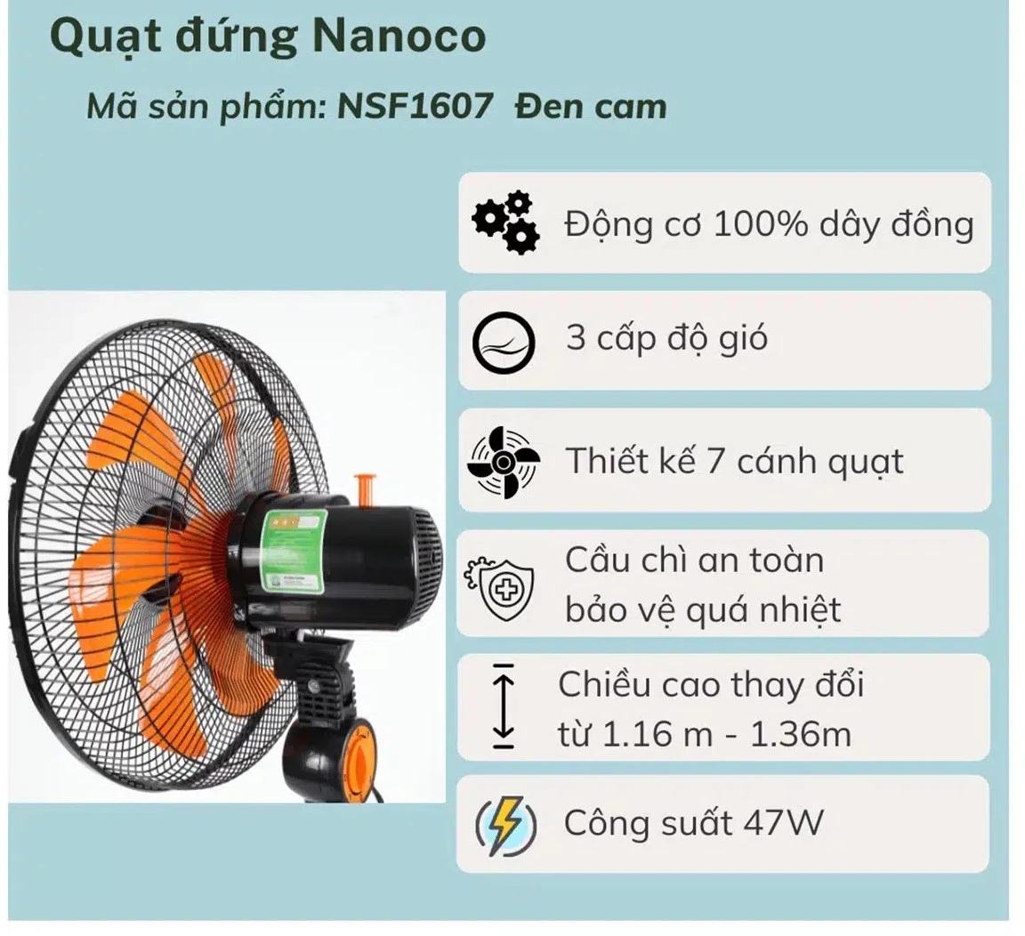 Quạt đứng thân sắt Nanoco NSF1607, 47W, màu đen cam