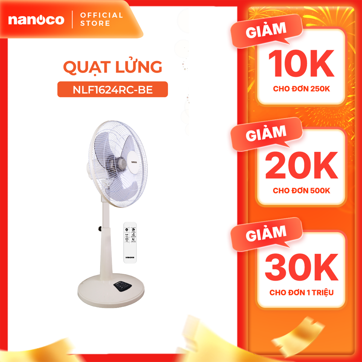 Quạt lửng Nanoco NLF1624RC-BE Remote