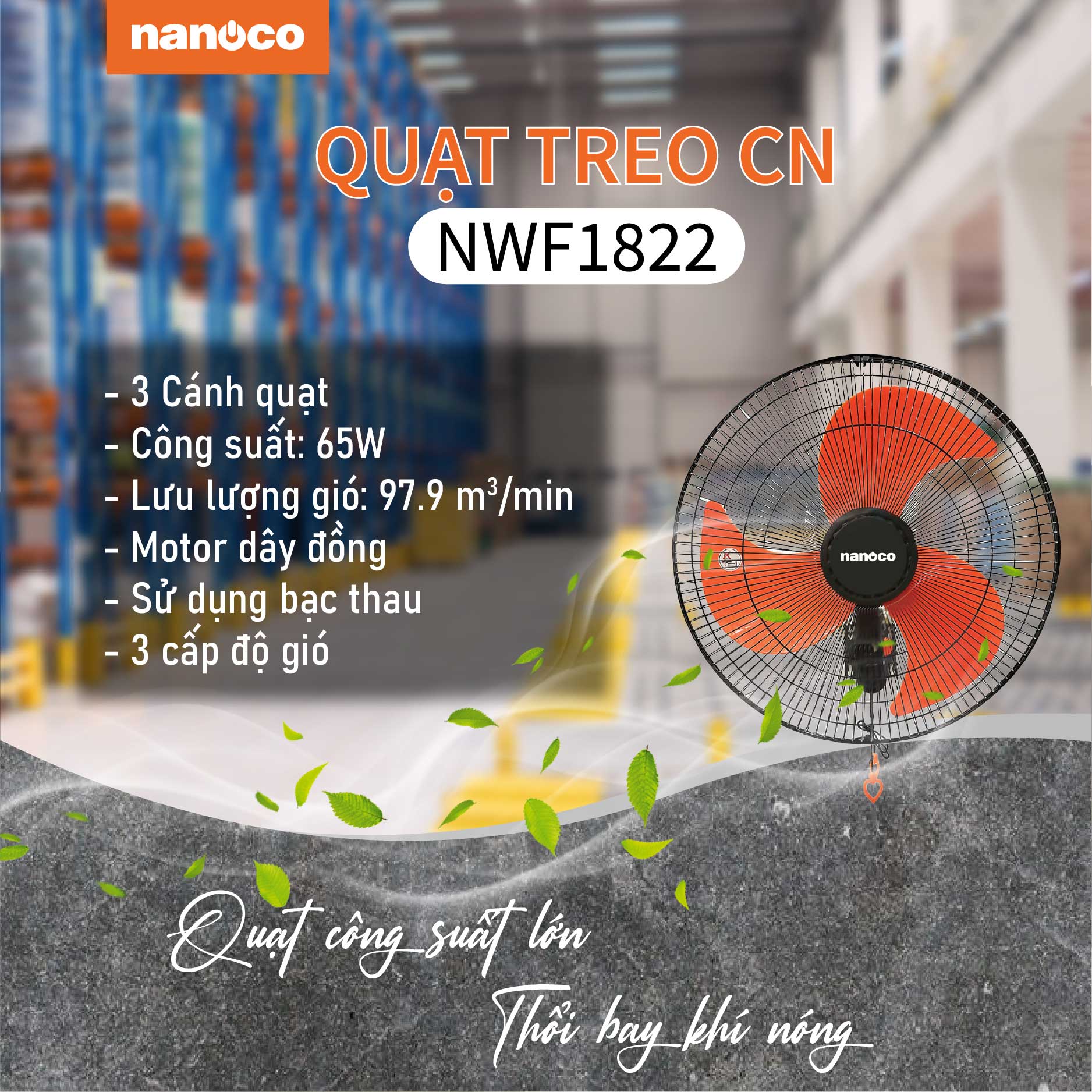 Quạt treo Nanoco model NWF1822 màu đen cam