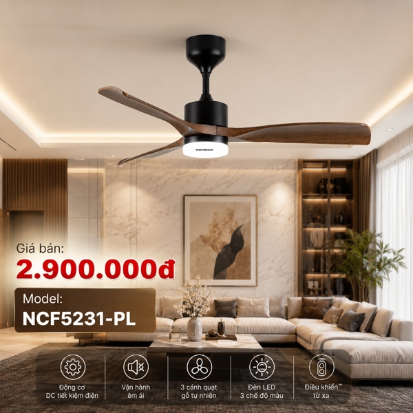NCF5231-PL Quạt trần 3 cánh , 37w màu vân gỗ, động cơ DC, đèn led, Remote Nanoco