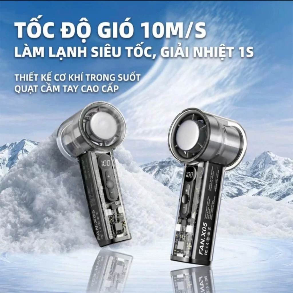 Quạt Cầm Tay Sò Lạnh X05 Làm Mát Đến 16 Độ 100 Tốc Độ Gió Giảm Ồn Dây sạc Type C