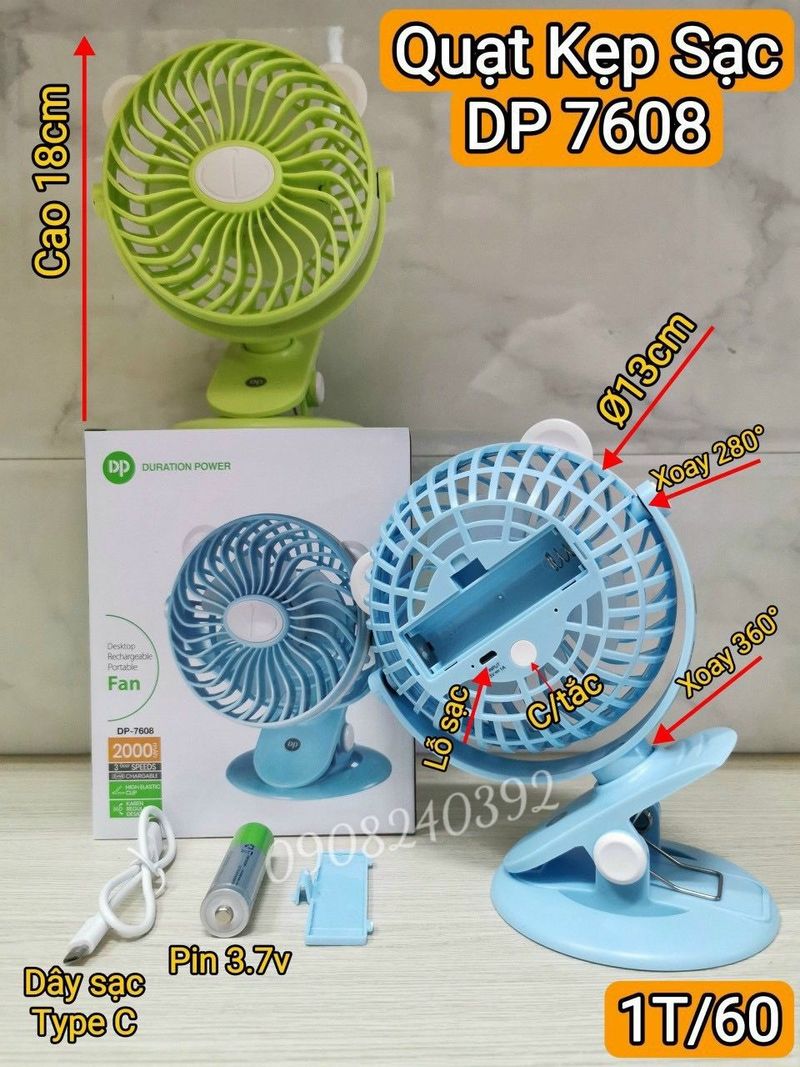 Quạt sạc tích điện DP-7608 đế kẹp hoặc để bàn 7wat cao 20cm