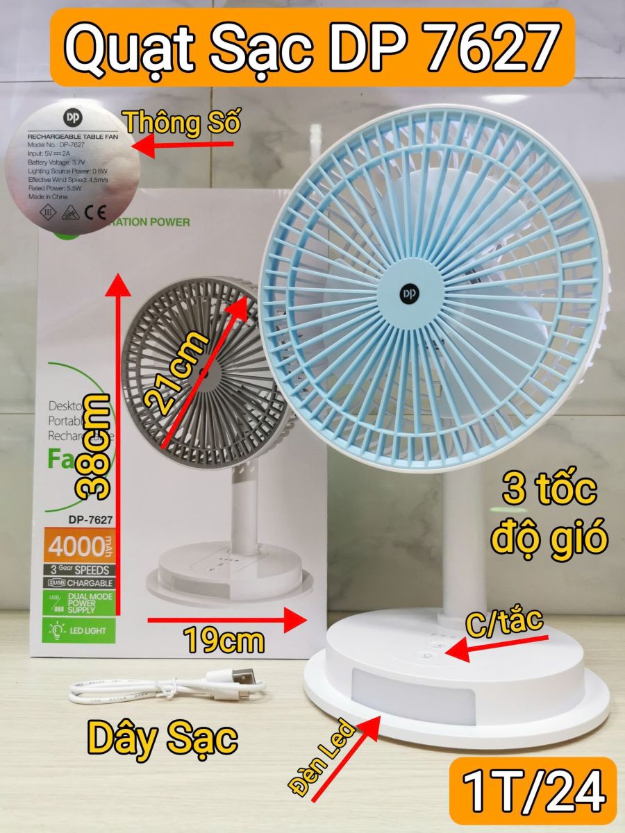 QUẠT SẠC CAO CẤP DP7627 CÓ ĐÈN LED CAO 38 CM | DUNG LƯỢNG PIN RỜI 4000Mah