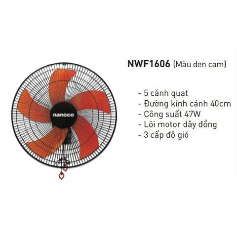 Quạt treo Nanoco model NWF1606 màu đen cam