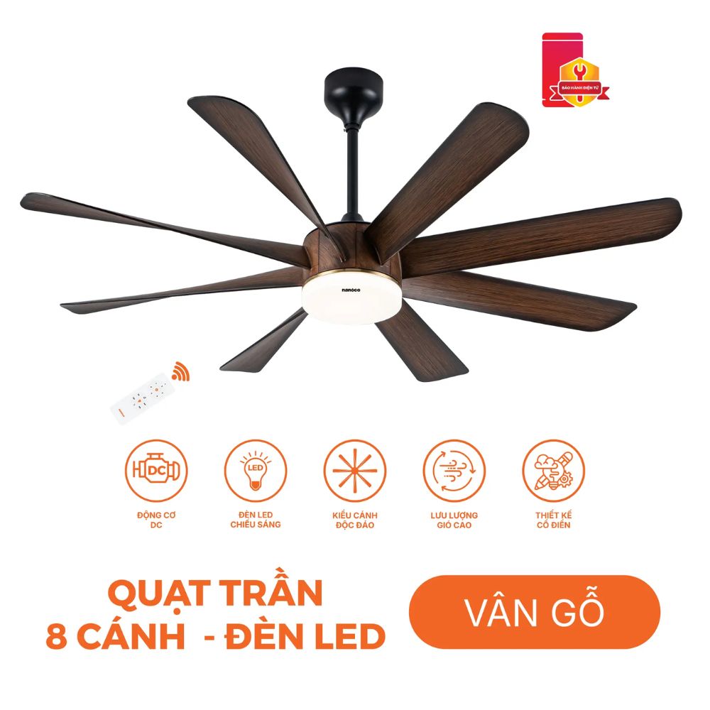 Quạt trần trang trí 8 cánh, đèn LED Nanoco NCFD6089L
