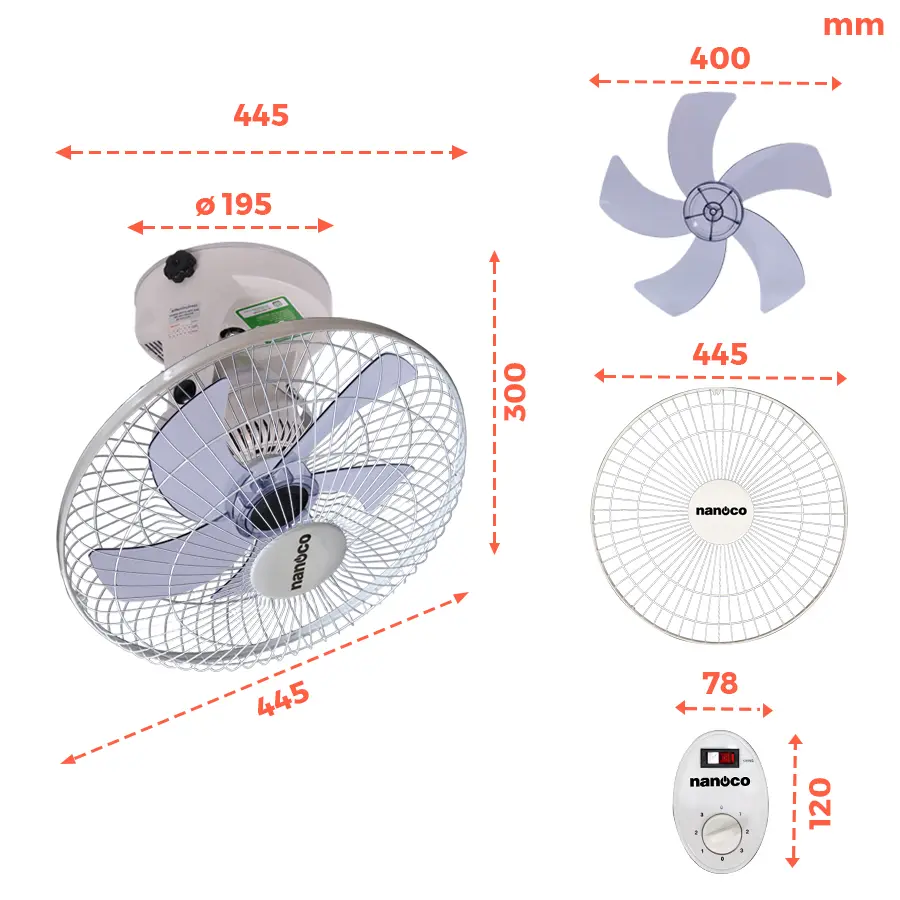 Quạt đảo cơ 5 cánh Nanoco model NOF1609 màu trắng