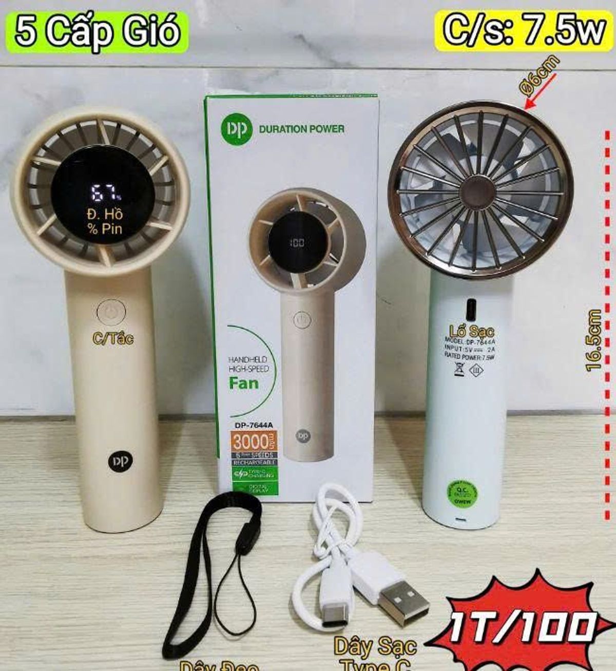 Quạt Sạc Cầm Tay DP-7644A 3000mAh 