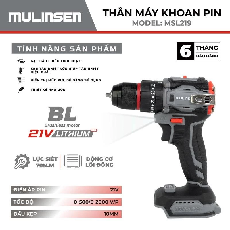 MULINSEN thân máy khoan pin MSL219 BL 21V Lithium Lực siết 70N.m ĐẦY KẸP 10LY