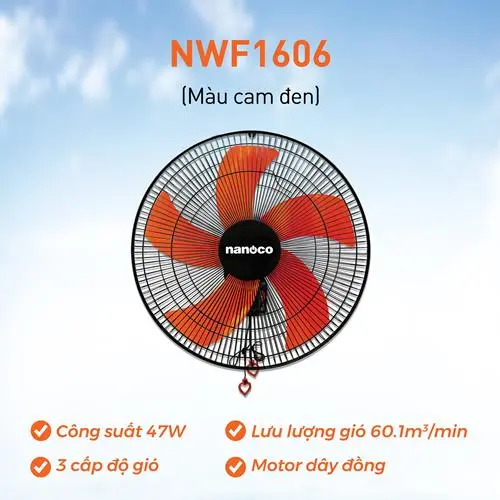 Quạt treo Nanoco model NWF1606 màu đen cam