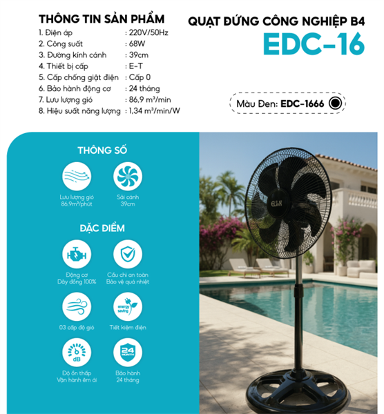 EDC1666 Quạt đứng công nghiệp 68w B4 màu đen Elink