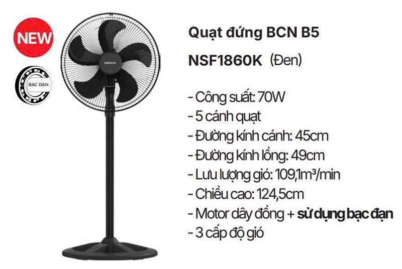 Quạt đứng BCN, bạc đạn 70w NSF1860K màu đen Nanoco