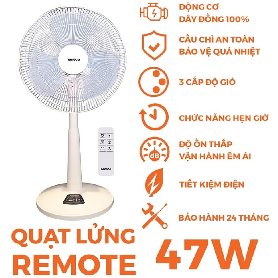Quạt lửng Nanoco NLF1624RC-BE Remote