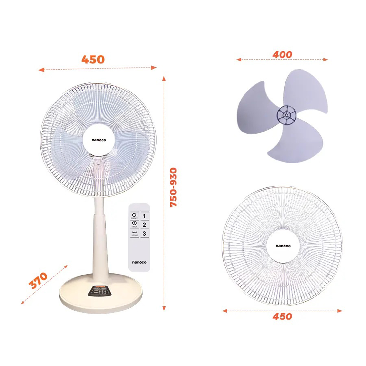 Quạt lửng Nanoco NLF1624RC-BE Remote