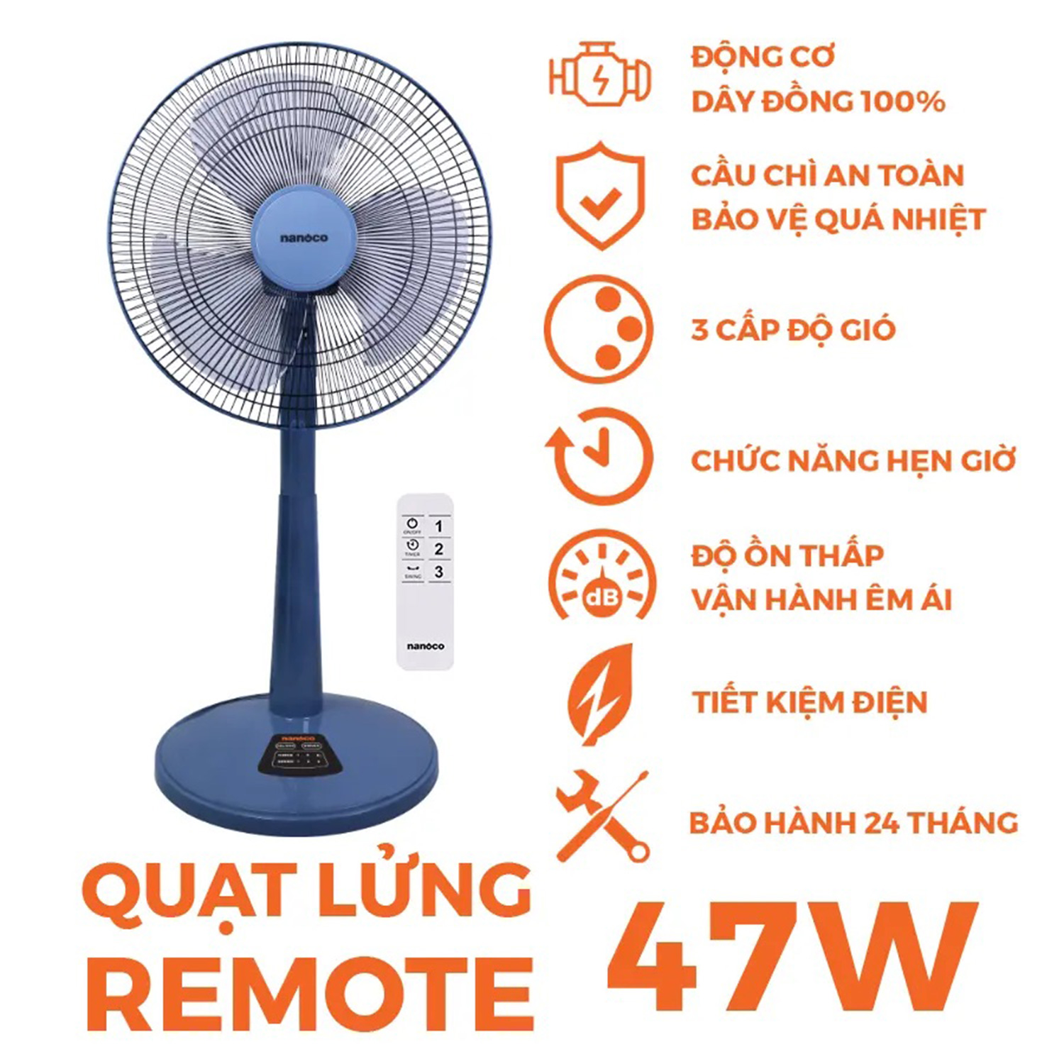 Quạt lửng Nanoco NLF1624RC-BE Remote