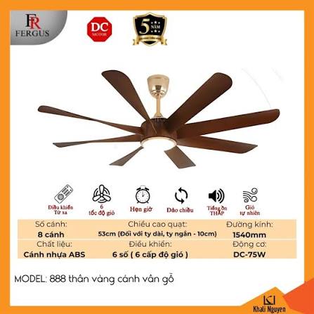 888 Quạt trần 8 cánh DCT thân vàng cánh vân gỗ 75W