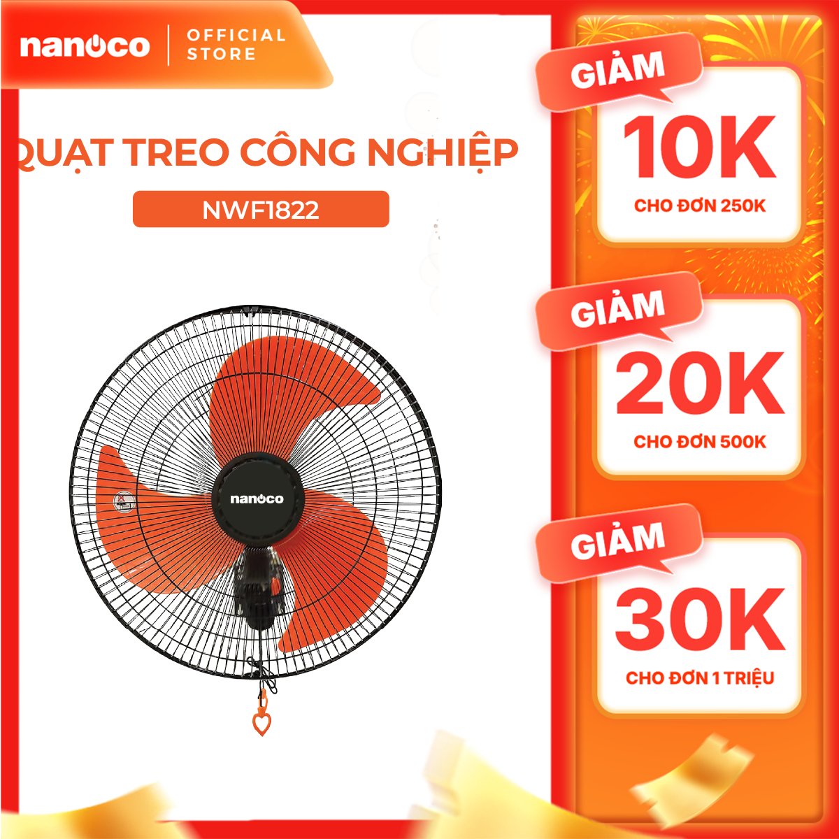 Quạt treo Nanoco model NWF1822 màu đen cam