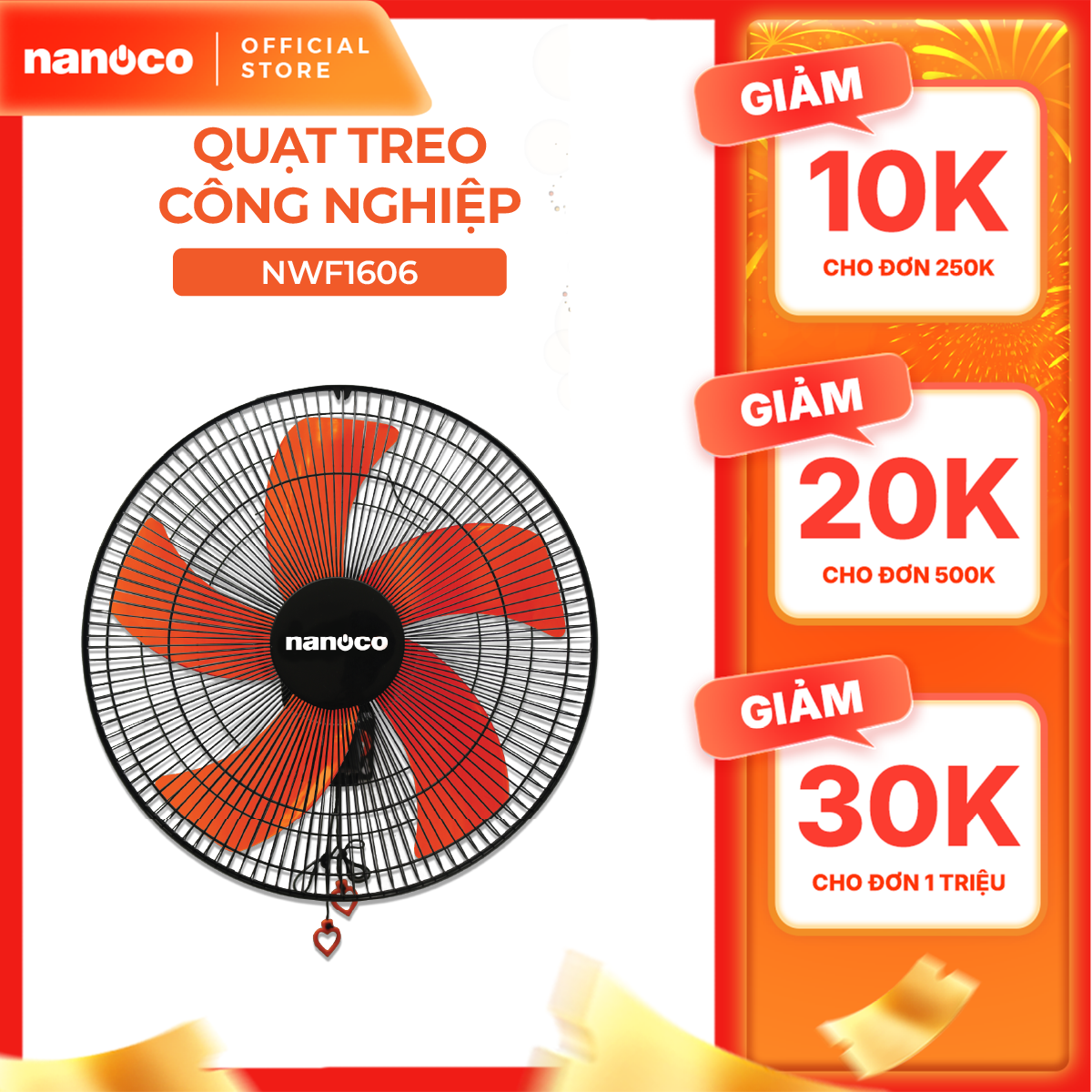 Quạt treo Nanoco model NWF1606 màu đen cam