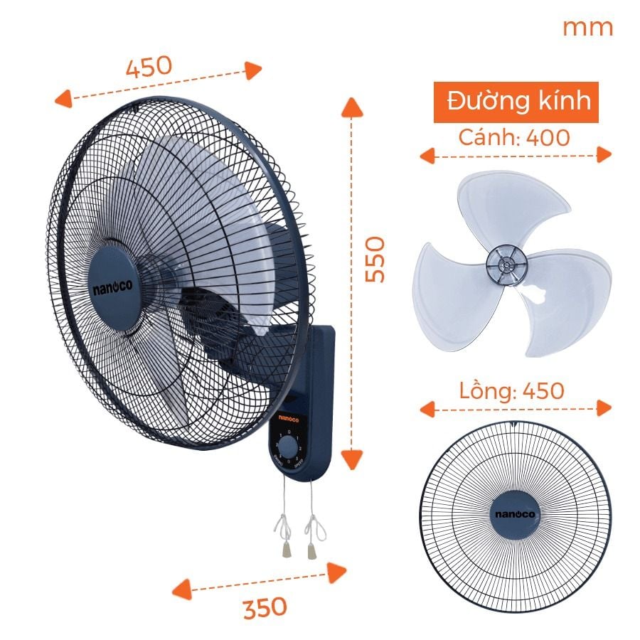 Quạt treo tường 2 dây Nanoco model NWF1611
