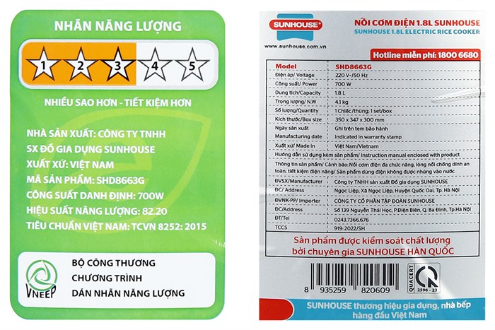 Nồi cơm nắp gài Sunhouse 1.8 lít SHD8663G