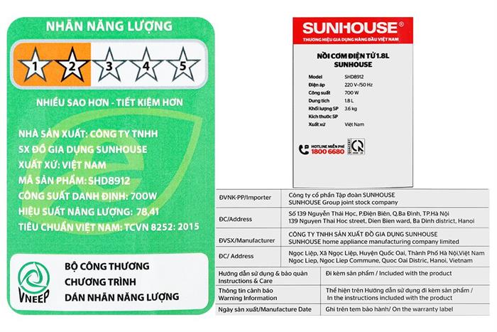 Nồi cơm điện tử Sunhouse 1.8 lít SHD8912