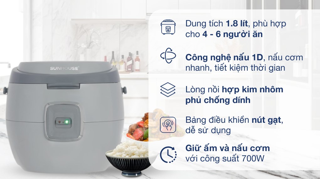Nồi cơm nắp gài Sunhouse 1.8 lít SHD8663G