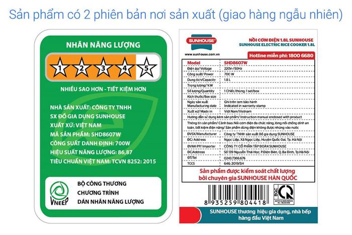 Nồi cơm nắp gài Sunhouse 1.8 lít SHD8607W