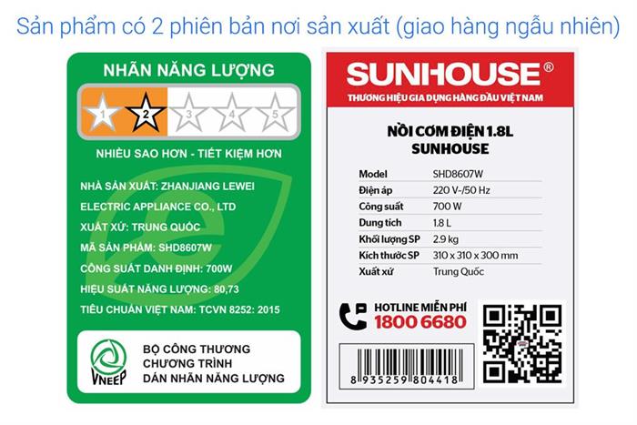 Nồi cơm nắp gài Sunhouse 1.8 lít SHD8607W