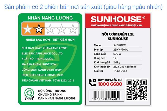Nồi cơm nắp gài Sunhouse 1.2 lít SHD8217W