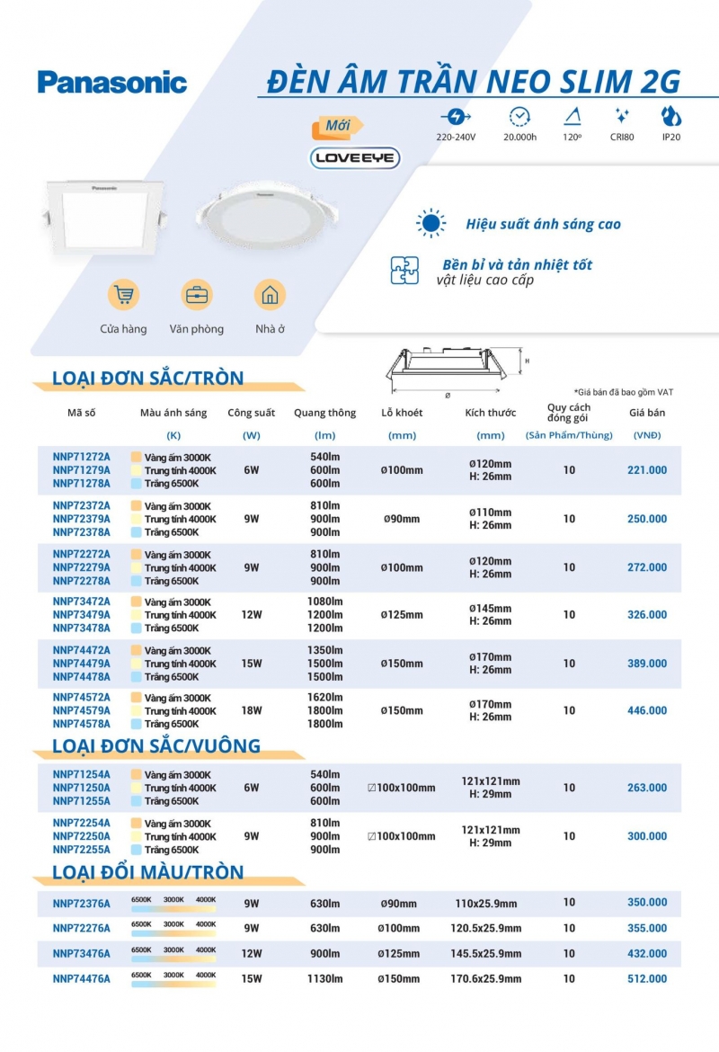 Đèn âm trần Panasonic NNP72378A Neo Slim 2G tròn 9W Ø90mm