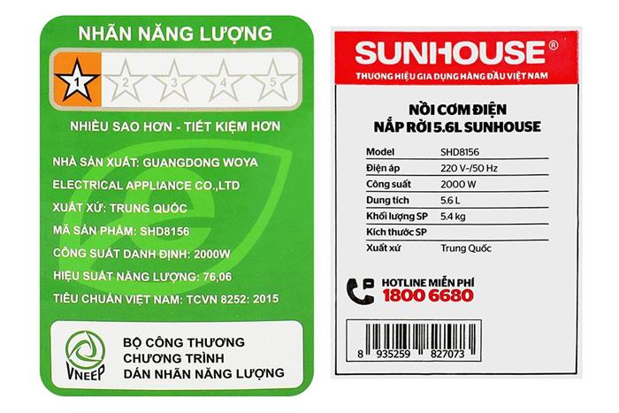 Nồi cơm nắp rời Sunhouse 5.6 lít SHD8156