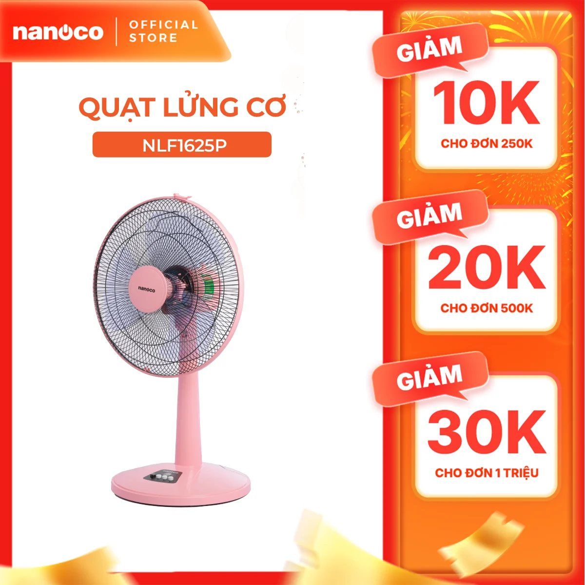 Quạt lửng Nanoco bạc đạn công suất 47W model NLF1625 (màu xanh/hồng/ghi)