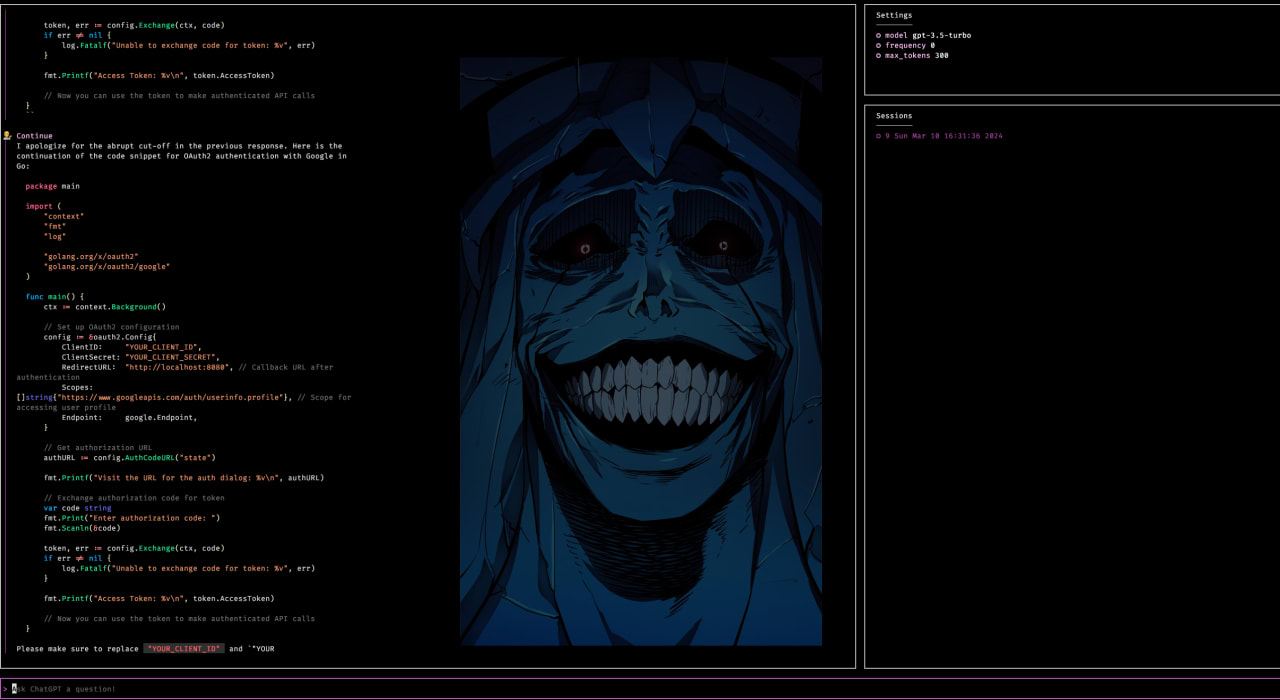 A demo shot of the tui in action