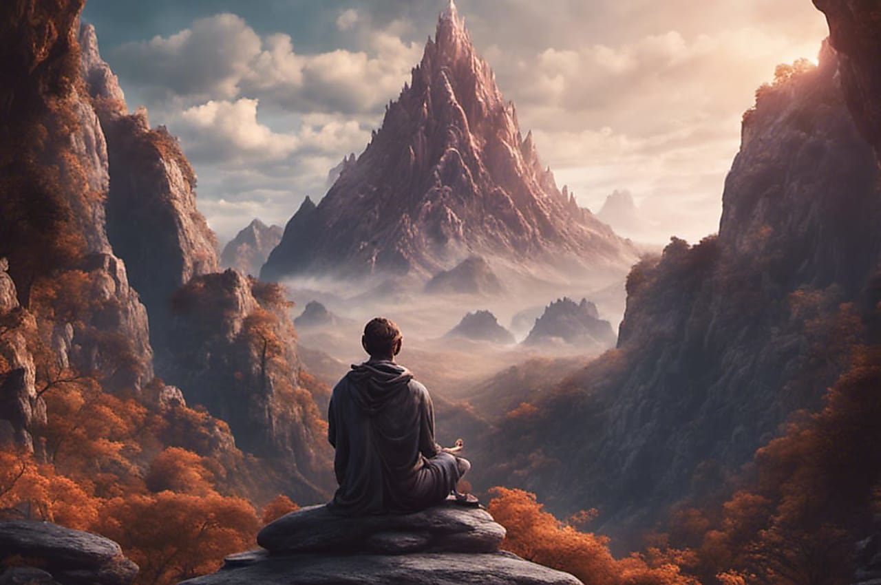 An AI generated image of a person meditating and looking over a landscape