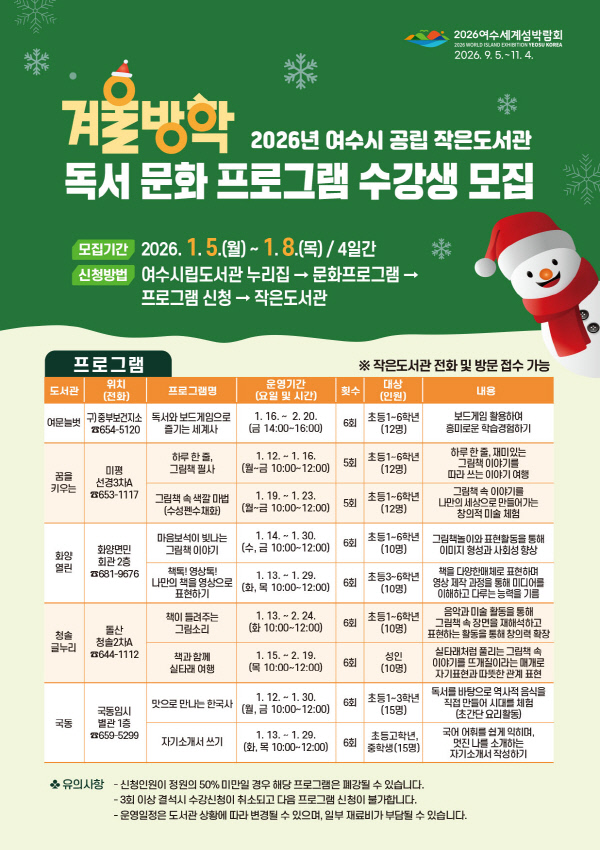 여수 5개 작은도서관, 겨울방학 강좌 9개 편성… 106명 선착순 모집