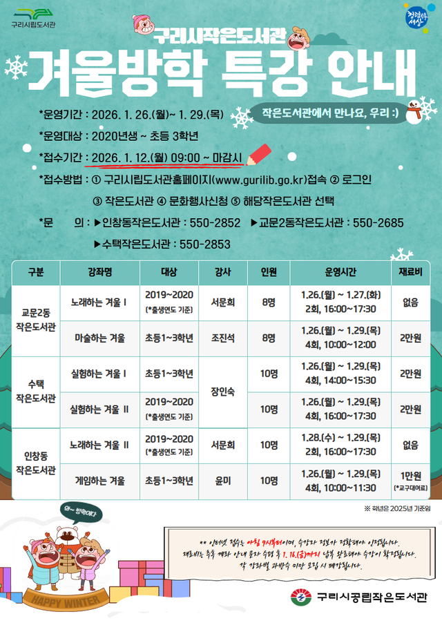 구리시, 공립 작은도서관 3곳 ‘겨울방학 특강’ 12일 오전 9시부터 접수