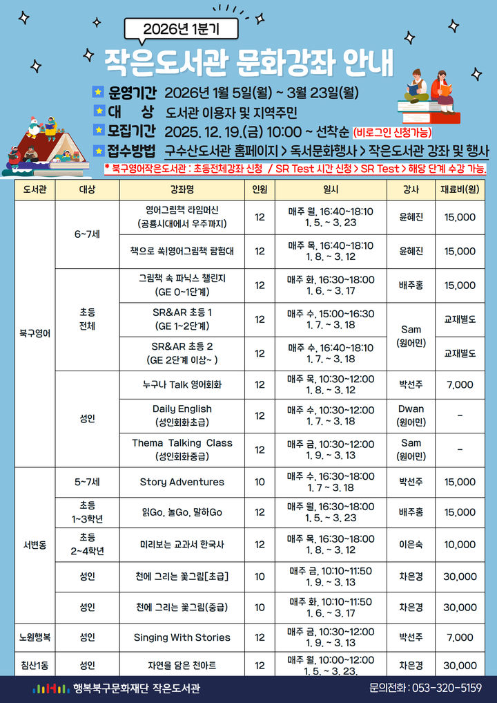 대구 북구 작은도서관 문화강좌, 1월부터 유아·초등·성인 대상 운영