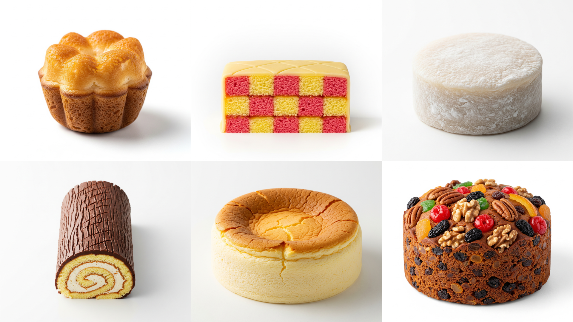 Collage of 6 kinds of Cake - including kue cubit, battenberg cake, and mochi cake