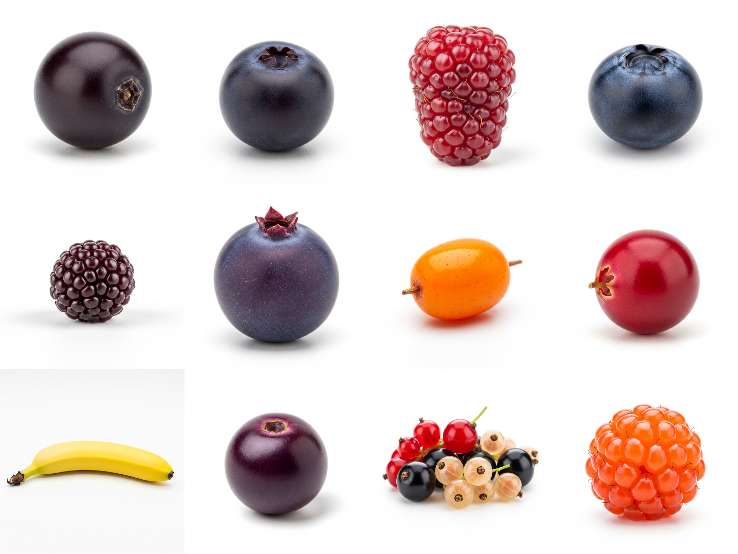 Collage of 12 kinds of Berries - including elderberry, huckleberry, and boysenberry