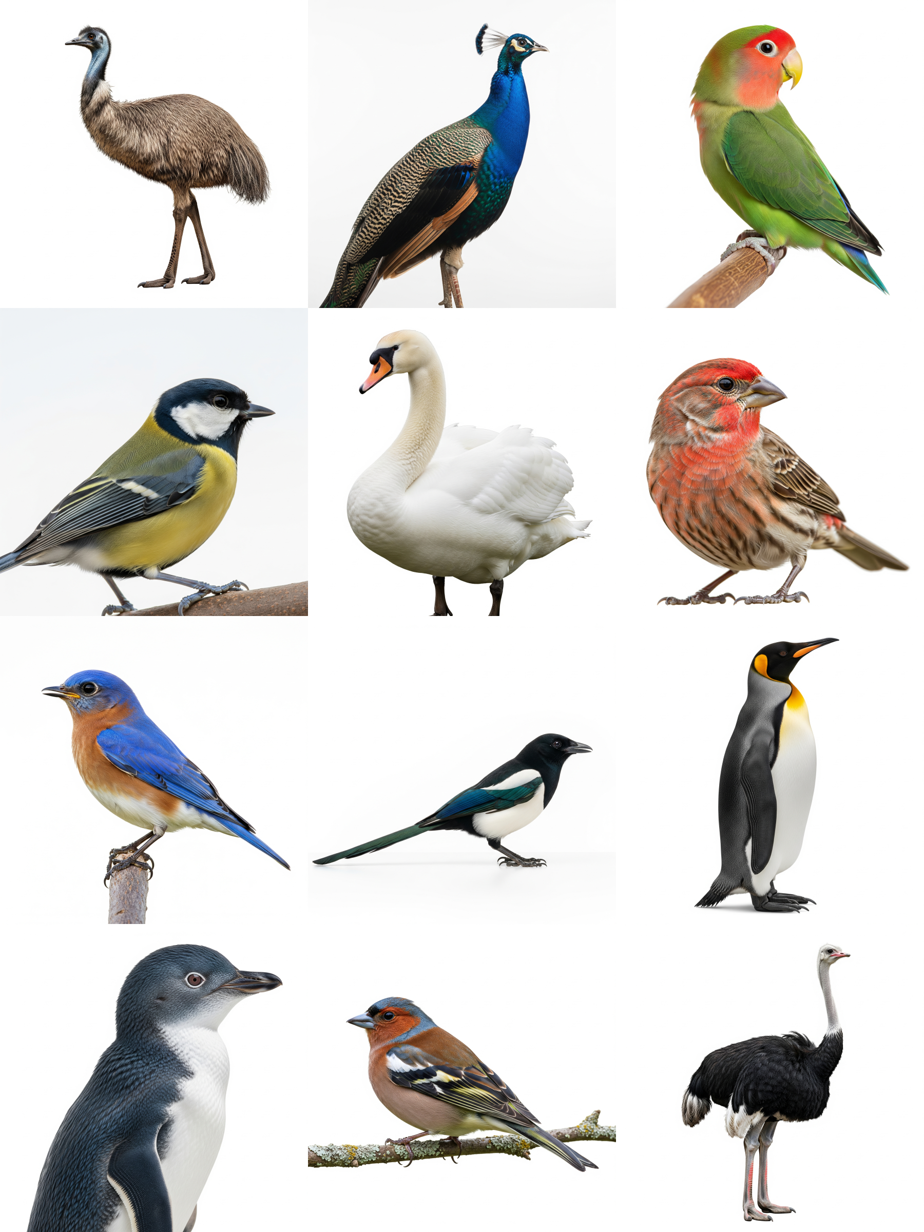 Collage of 6 kinds of Birds - including emu, peafowl, and lovebird