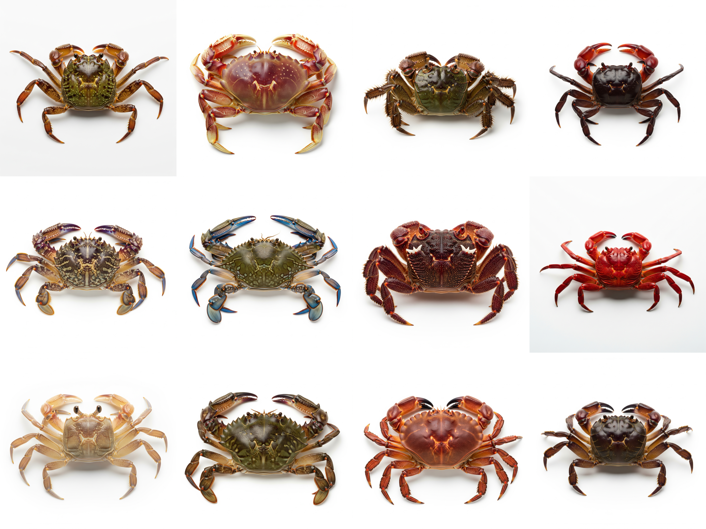 Collage of 12 kinds of Crabs - including mangrove tree crab, dungeness crab, and chinese mitten crab