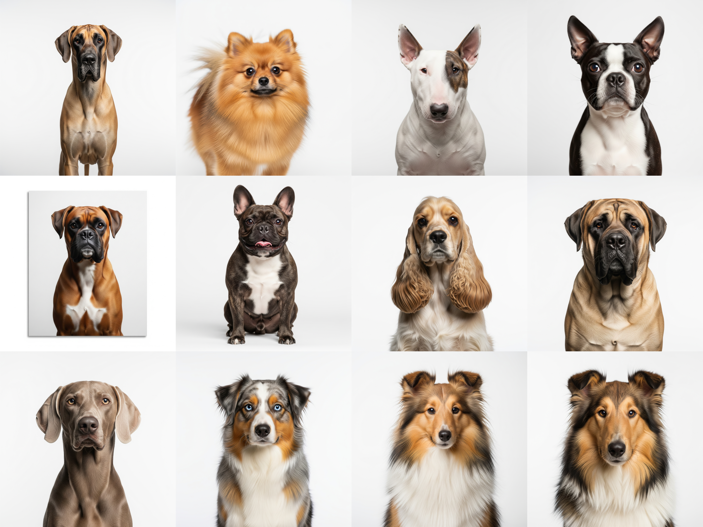 Collage of 12 kinds of Dogs - including great dane, pomeranian, and bull terrier