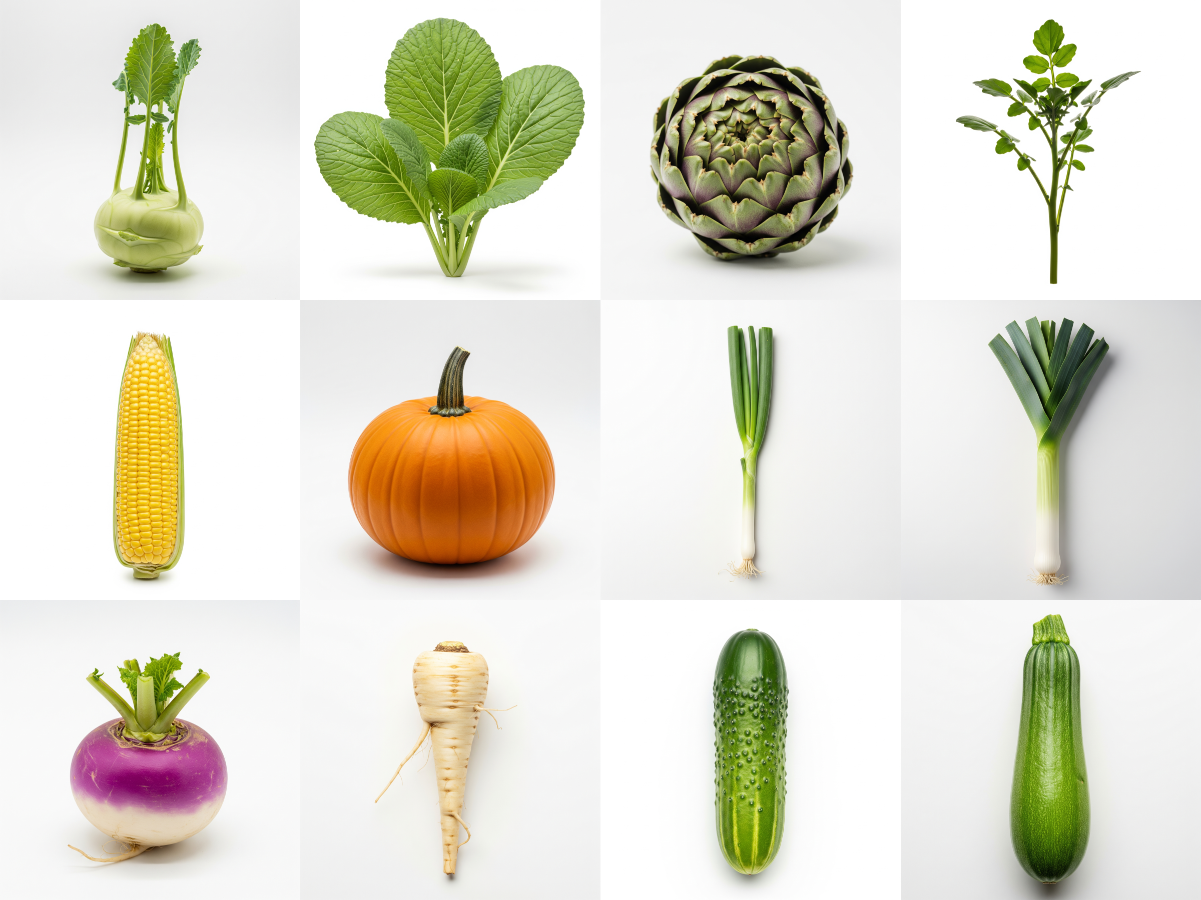 Collage of 12 kinds of Vegetables - including kohlrabi, mustard greens, and artichoke